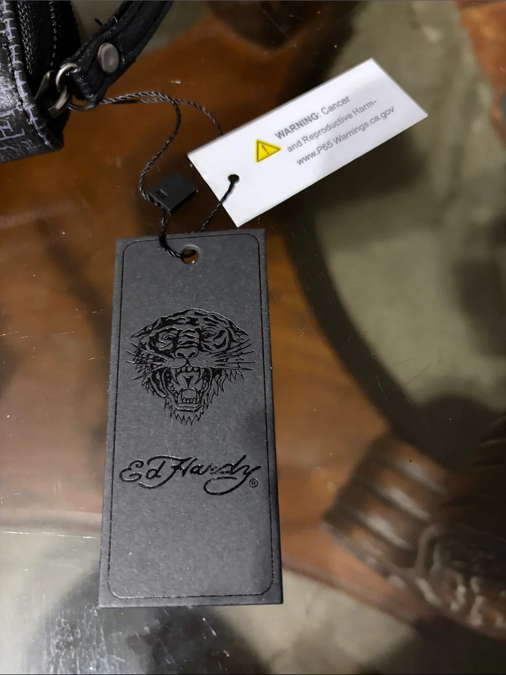 Ed Hardy Black Skull & Rose Zip Wristlet with Heart Tattoo Motif